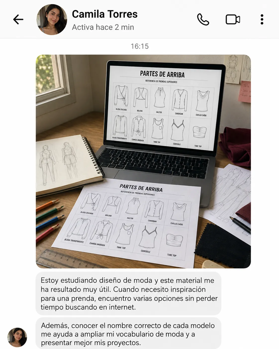 Testimonio de Camila Torres: el material amplía su vocabulario de moda y mejora sus proyectos