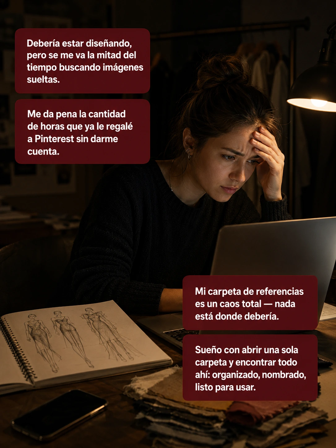Diseñadora agotada frente a la laptop de noche buscando referencias sueltas